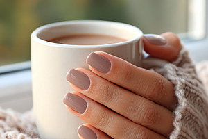 Hand holding a warm cup of beverage while wrapped in a cozy sweater by the wind, a Food & Drink Photo by AlyaAnd