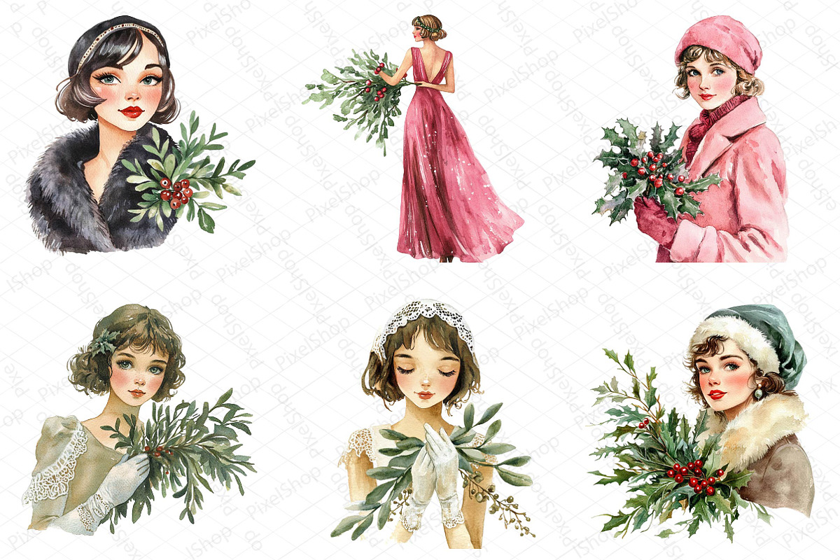 1920 Coquette Christmas Girls Clipar, an Illustration by DreamPrint404 (Photo 4 of 7)