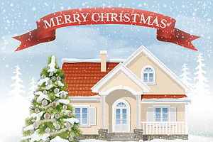 Suburban house and Christmas tree.
