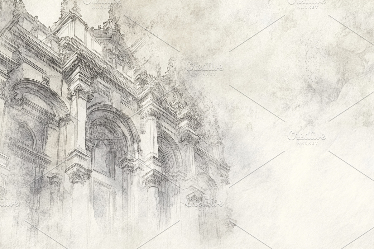 Classical architectural sketch of grand facade, featuring ornate, a Decorative Illustration by Studio ANNA