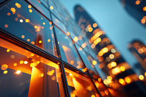 Modern glass building with city lights at dusk, an Architecture Photo by AlyaAnd