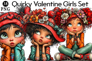 Quirky Valentine Girls Set, an Illustration by Daily.Designs