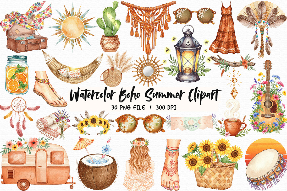 Watercolor Boho Summer Clipart, an Illustration by Libby Wishes (Photo 1 of 7)