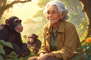 Artistic illustration honoring Jane Goodall depicted in nature s, a Person Photo by DanFLCreativo