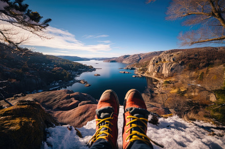 Hiking boots on top of a mountain and enjoying the view of a lak, a Photo by AS photostudio