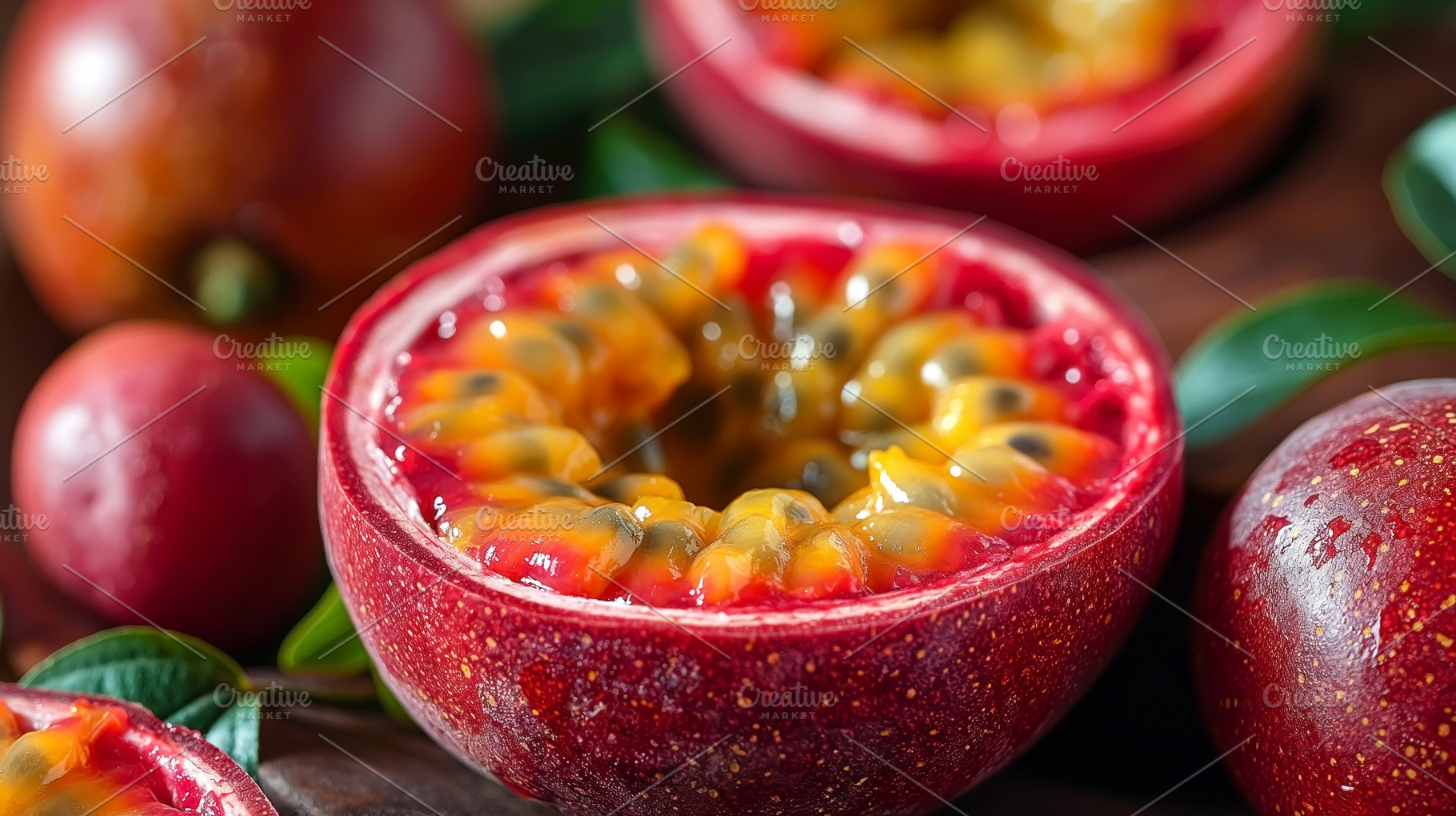 Close-up of fresh, vibrant passion fruit halves showcasing their, a Food & Drink Photo by ImageMir