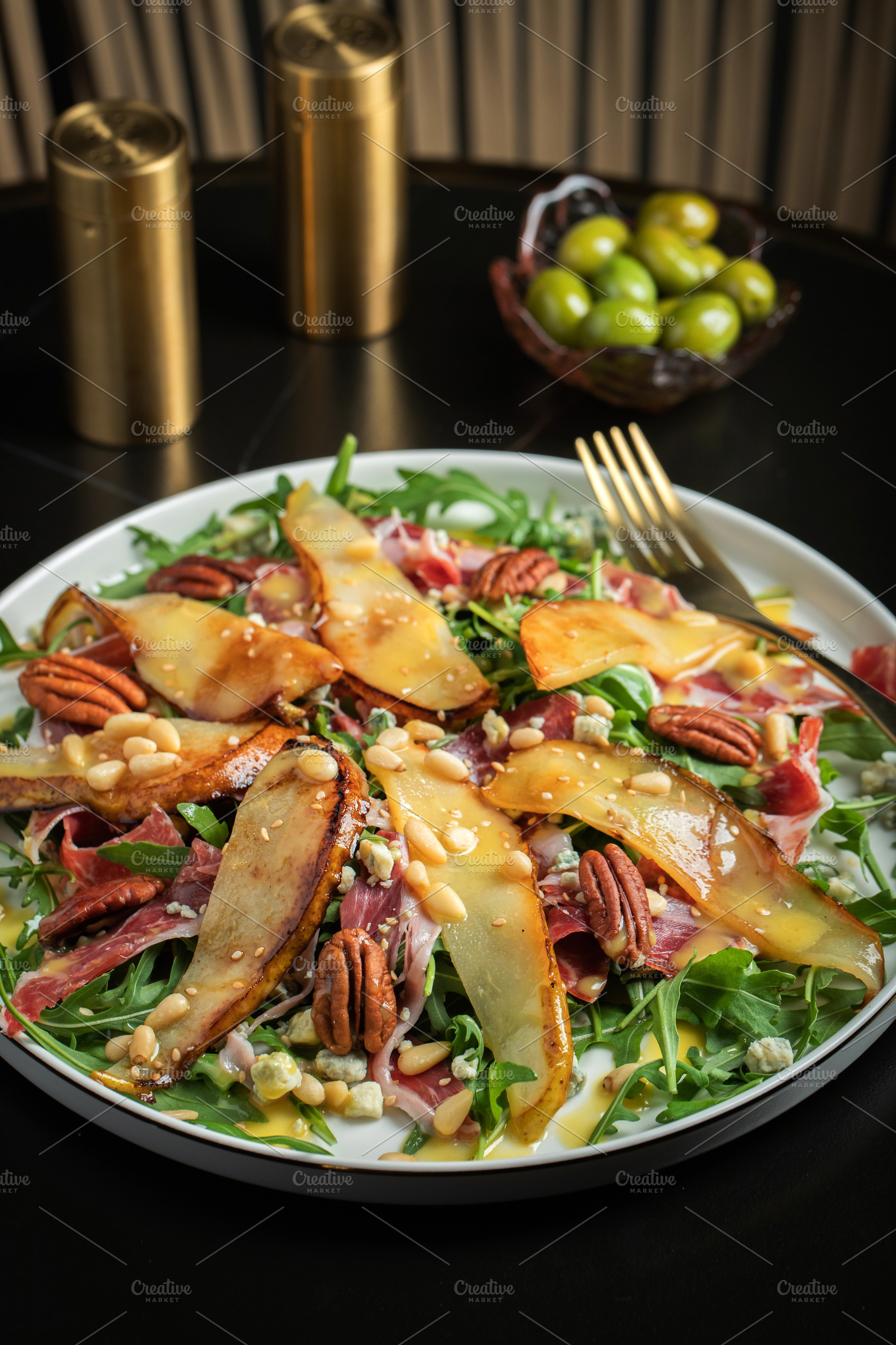 Salad with Pear, Arugula, Jamon, Blue Cheese and Blueberry, Delicious Fresh Sal, a Food & Drink Photo by Budarinphoto