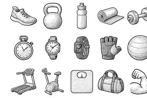 Fitness Equipment Icons, an Object Graphic by nikagraphic