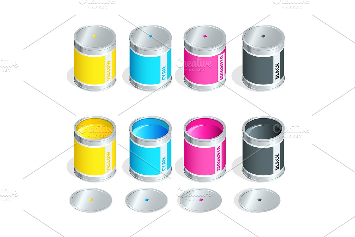 Bottles of ink in cmyk colors on white isolated background. Flat 3d ...