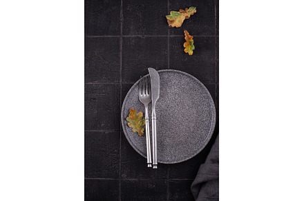 Autumn table setting on dark tile, an Abstract Photo by Yulia Furman