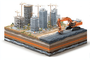 Excavator and highrise buildings und, a Photo by Pixeness Studio