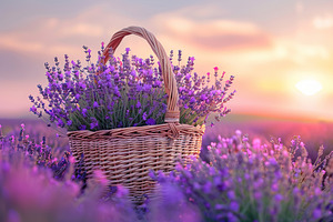 Basket with lavender flowers on lavender field background, a Nature Photo by AlyaAnd