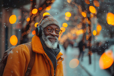 Joyful Black Senior Man in Headphones Enjoying a Winter Walk in the City with F, a Photo by AS photostudio