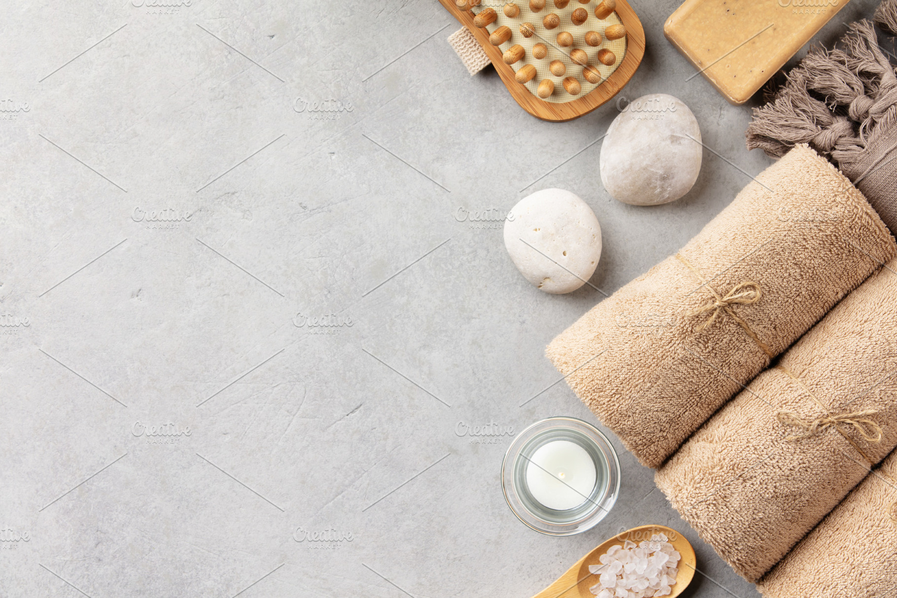 Spa Wellness Flat Lay with Towels Candle and Massage Tools, a Health & Medical Photo by Natalia Klenova's Shop
