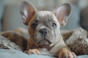 Adorable young French Bulldog with big ears lounging on a cozy blanket., an Animal Photo by ImageMir