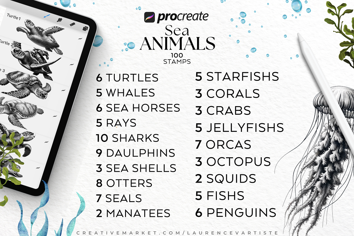 Sea Animal Procreate Brushes Stamps, a Brush Add-On by LaurenceVArtiste (Photo 6 of 8)