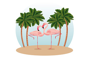 Tropical Flamingos With Exotic Palms