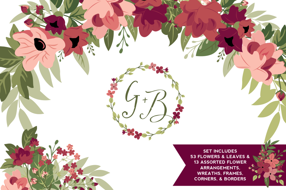 Blush & Burgundy Flowers & Greenery, an Illustration by Kelly Jane Creative (Photo 1 of 3)