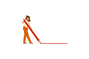 Woman drawing red line with giant, an Illustration by pikepicture