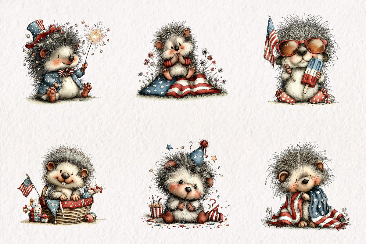 Whimsical Patriotic Hedgehog Clipart, an Animal Illustration by CreationArt (Photo 4 of 7)