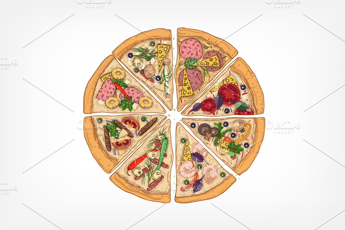 Slices of different pizza types, a Food Illustration by Good Studio (Photo 2 of 19)