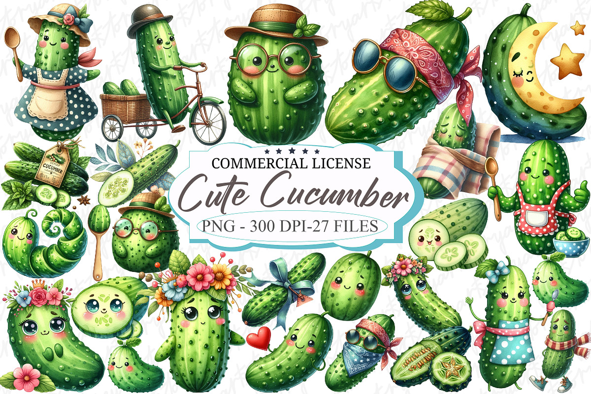 Watercolor Cute Cucumber Clipart, a Graphic by designcity5 (Photo 1 of 5)