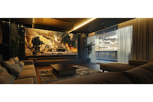 Luxury living room with home cinema, a Technology Photo by piter.goskov