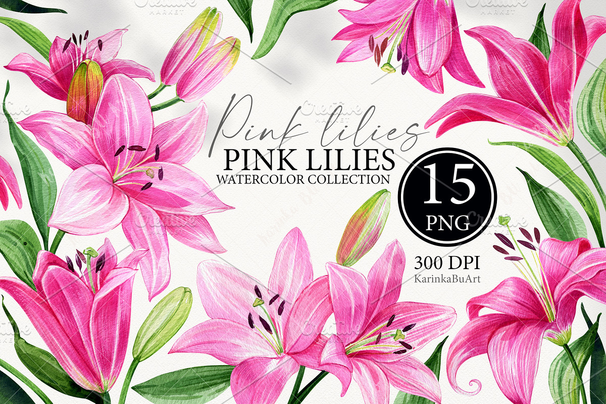 Watercolor Pink Lily Floral Elements, an Object Graphic by KarinkaBU (Photo 1 of 6)
