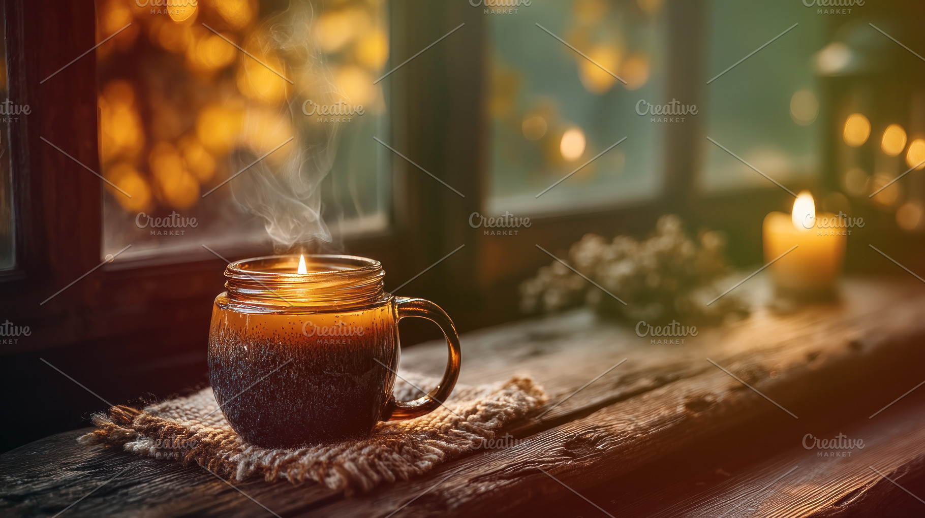 Cozy lit candle in ceramic mug on rustic wooden table by window, a Holiday Photo by José Manuel Gelpi
