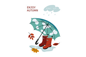Cozy autumn card. Walk on puddles, an Illustration by Vectorbuum