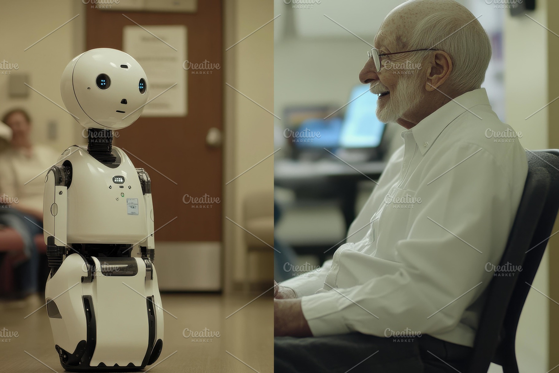 Robot interacts with elderly man in, a Photo by Tanuart