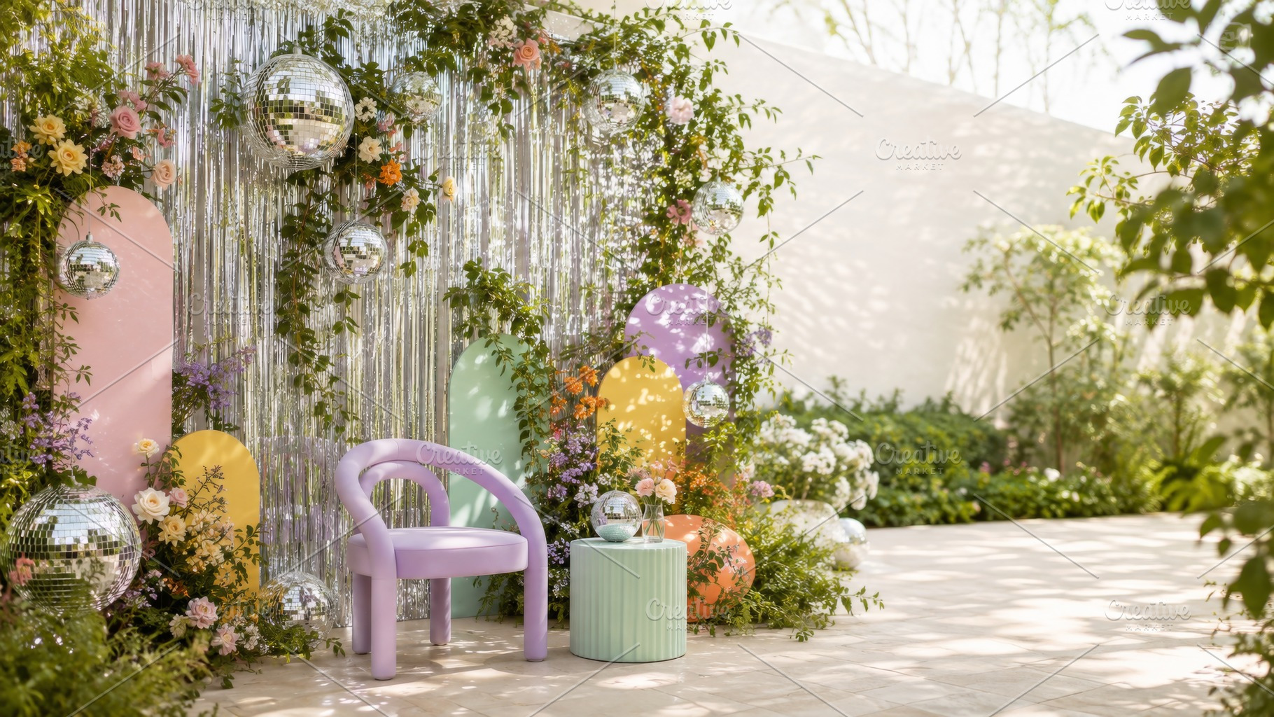 Garden disco party setting with past, a Photo by Dvoevnore photos