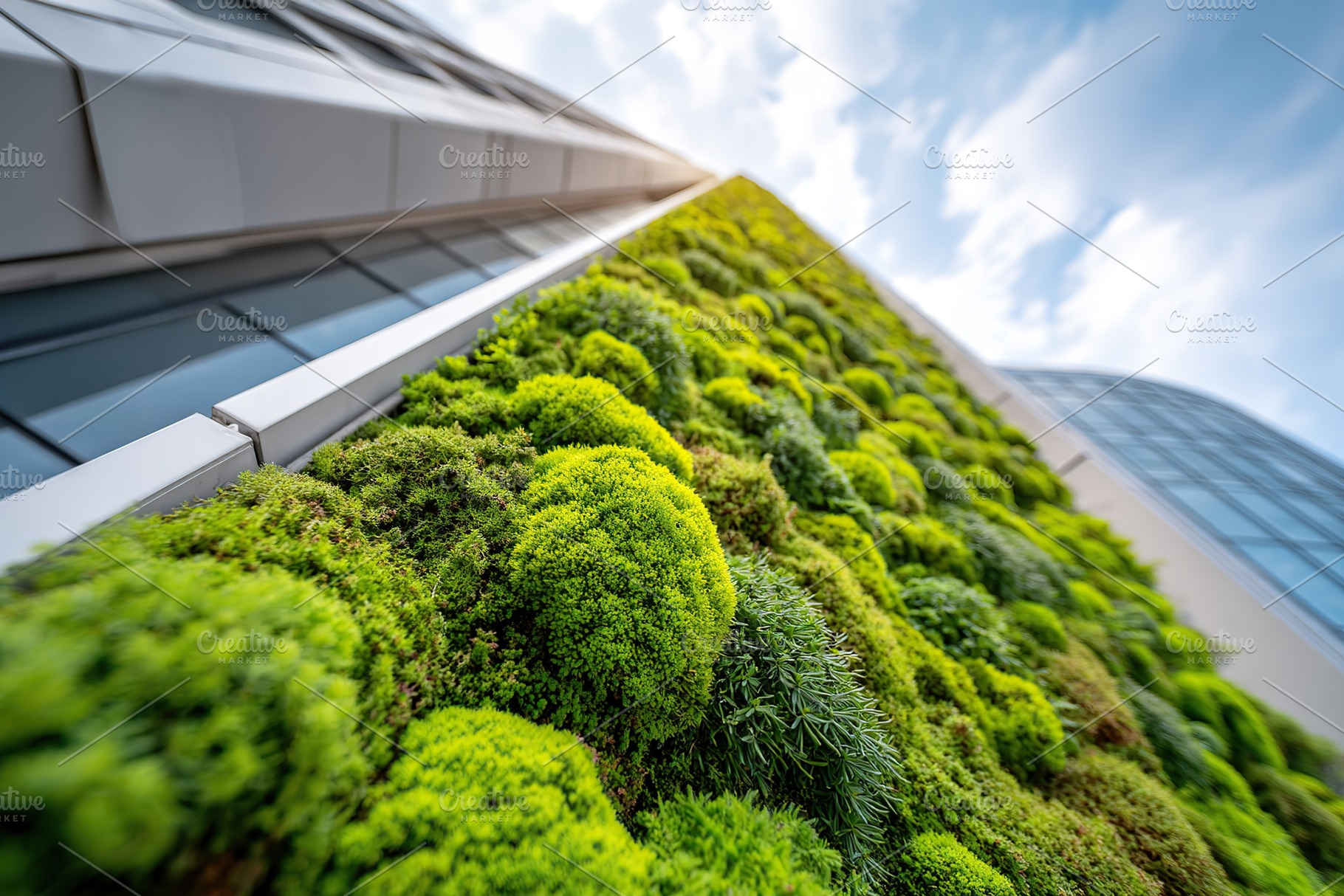 Vertical moss wall contributes to carbon absorption on a city building facade, a Nature Photo by AlyaAnd