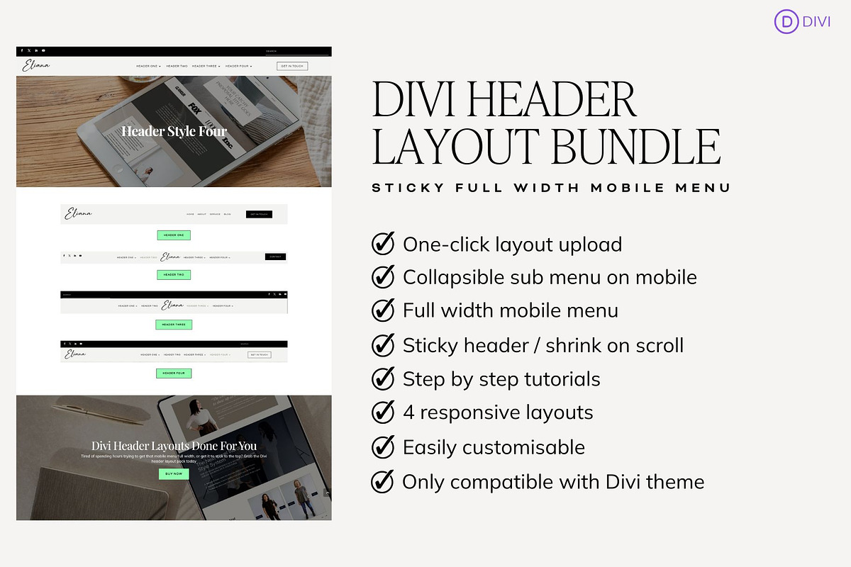 Divi Theme Header Template Bundle, a WordPress Template by Sarah Worboyes Designs (Photo 4 of 7)