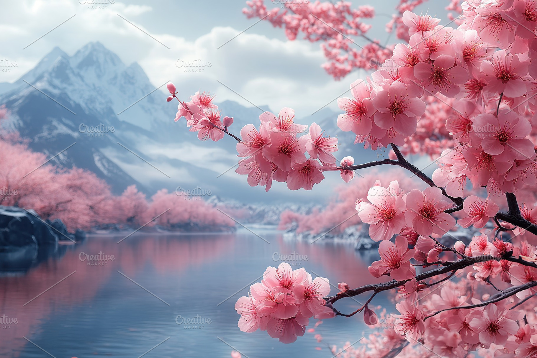 Blossom buds on tree branch on lake background, a Nature Photo by AlyaAnd
