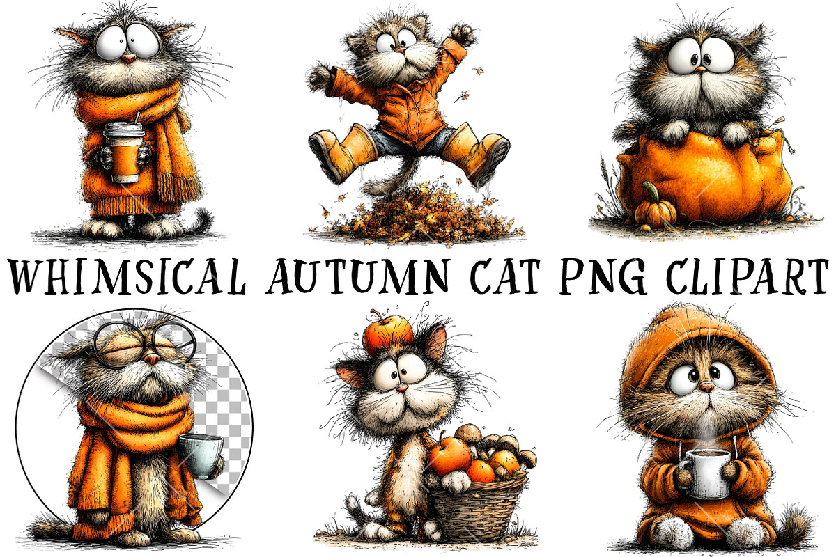 Whimsical Autumn Cat PNG Clipart, an Illustration by OK Design (Photo 2 of 6)