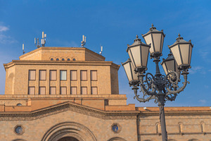 Street forged lantern against the National Gallery building in Y, a Photo by Pictures for you!!!!!!!!!