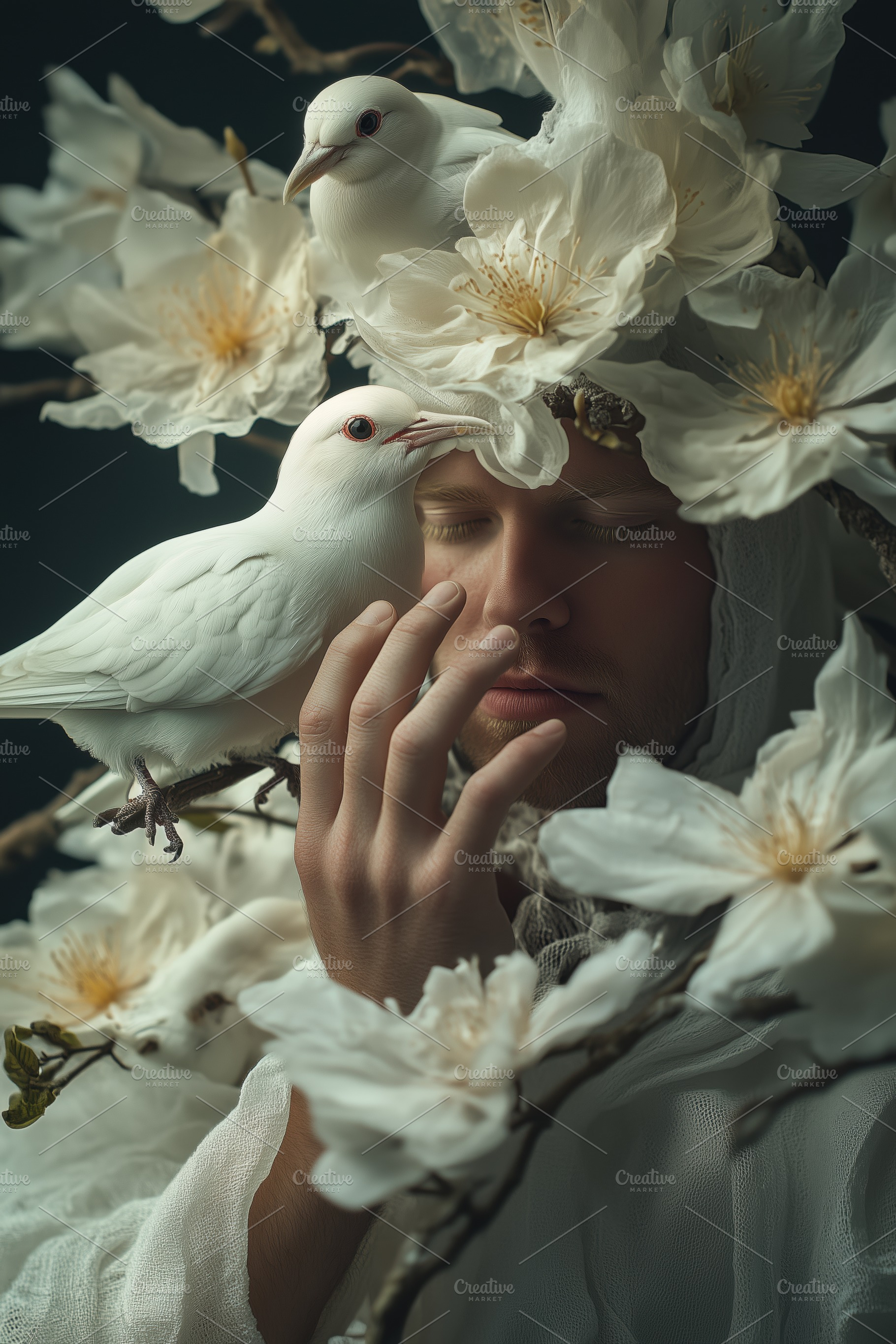A serene ornithologist portrait of a person surrounded by white flowers and dov, a Person Photo by Textures & Backgrounds