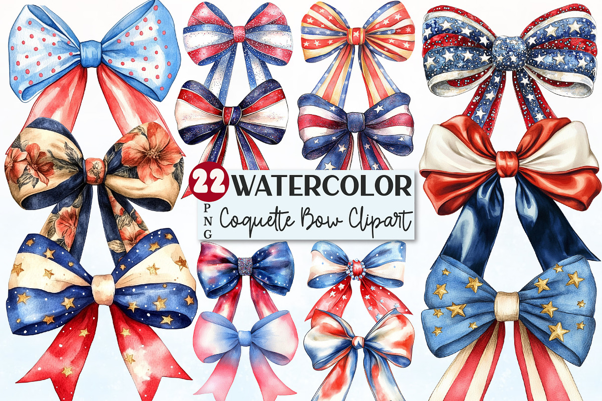 Red White Blue Coquette Bow Clipart, a Seasonal Illustration by Rose Art (Photo 1 of 4)