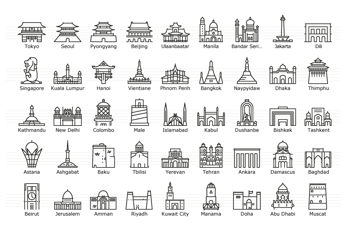 Asian Capitals - Landmark Icon Set, an Outline Icon by Jozsef Balazs-Hegedus (Photo 2 of 6)