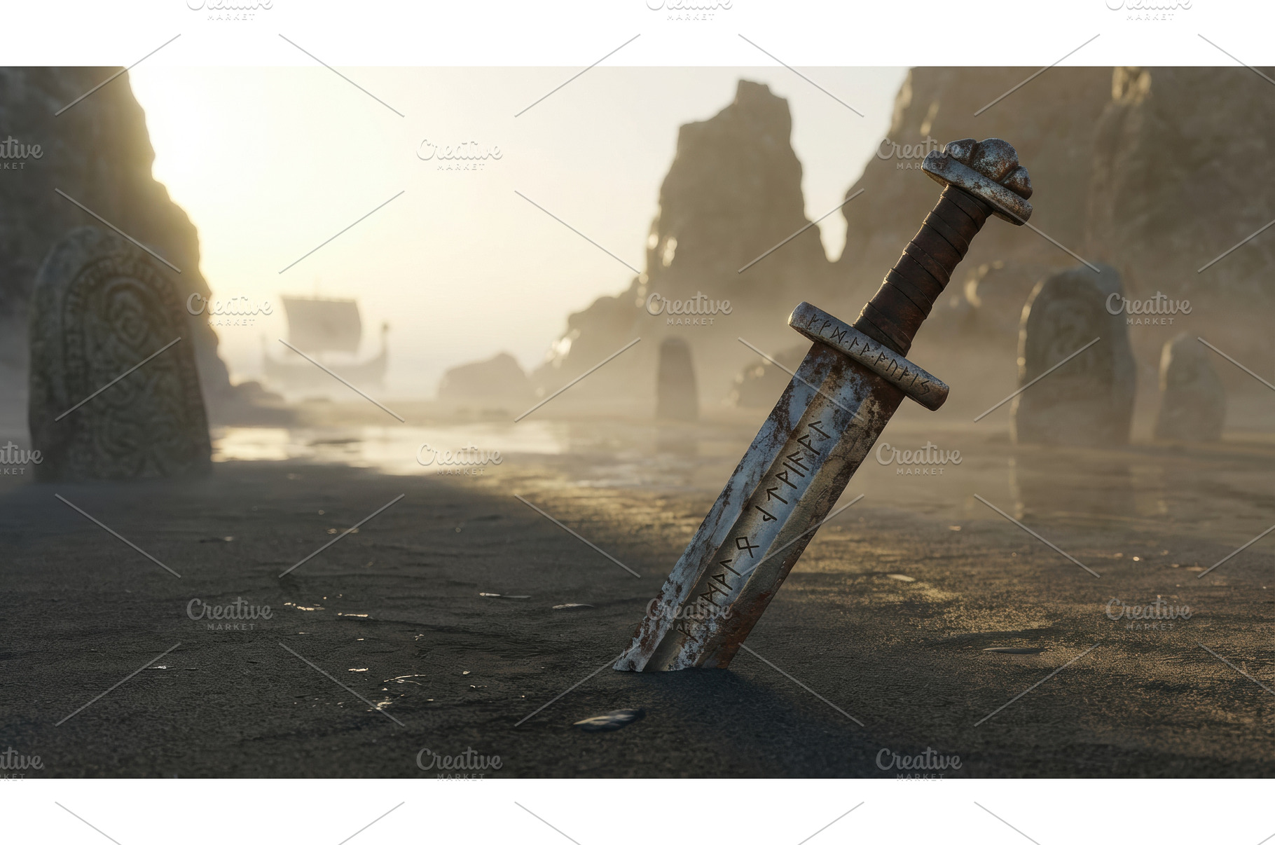 Rusty Viking sword with carved runes, an Architecture Photo by Igor Tichonow