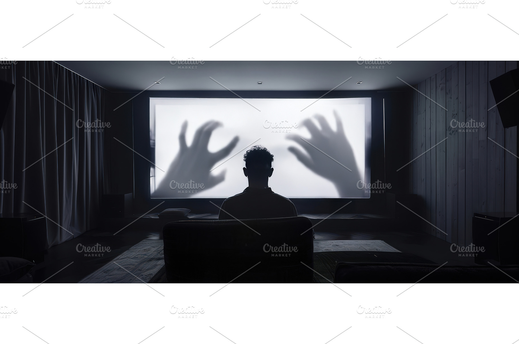 Man watching horror movie alone in, a Person Photo by piter.goskov
