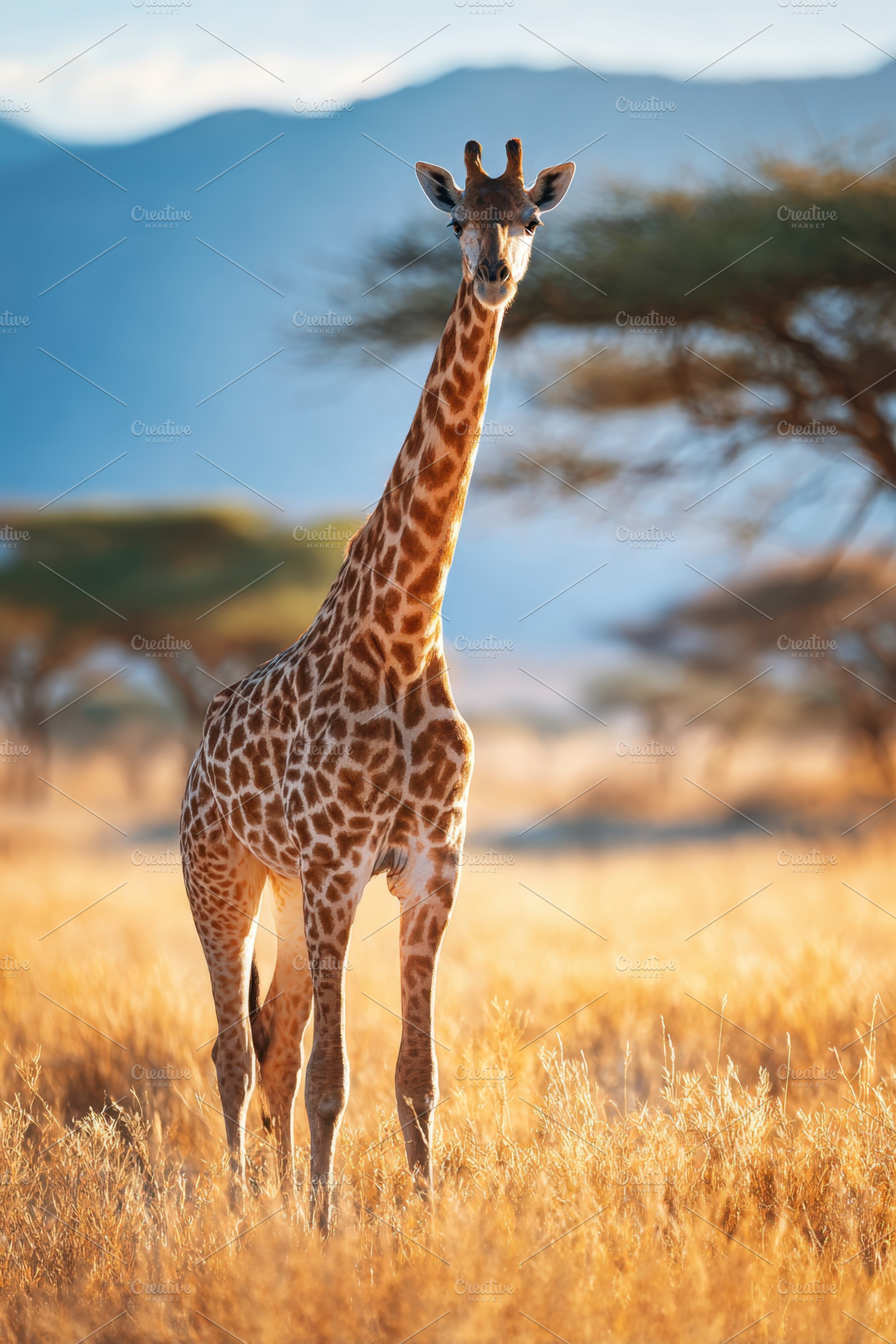 Giraffe in golden savanna at sunset, an Animal Photo by AlyaAnd