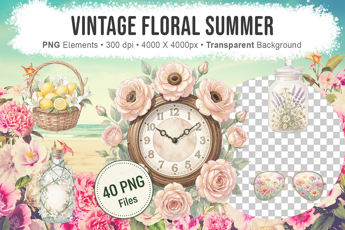 Vintage Floral Summer PNG, a Decorative Illustration by Artnoy (Photo 1 of 18)
