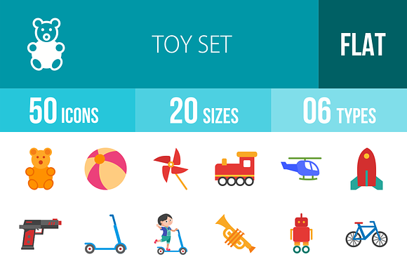 50 Toy Set Flat Multicolor Icons
