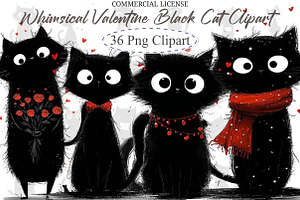 Whimsical Valentine Black Cat Clipar, an Illustration by designcity5