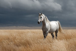 Majestic White Horse in Golden Field, a Photo by Pixeness Studio