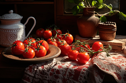 A rustic still life featuring fresh tomatoes on a wooden plate, surrounded by a, a Food & Drink Photo by Textures & Backgrounds