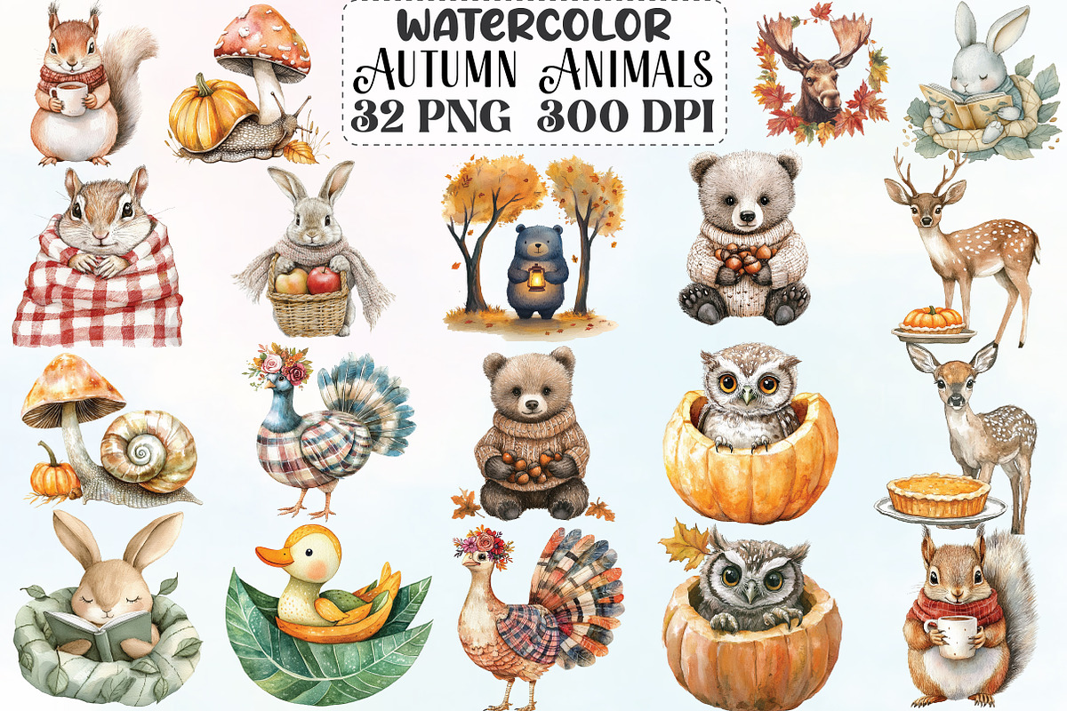 Watercolor Autumn Animals Clipart, an Illustration by CraftArtStudio (Photo 1 of 6)