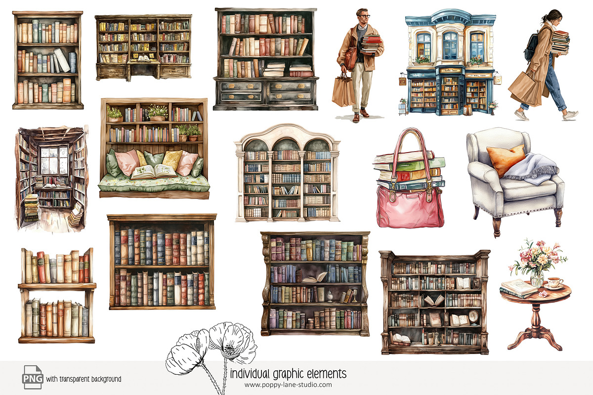 105 book lover clip art, an Object Illustration by Poppy Lane Studio (Photo 3 of 12)
